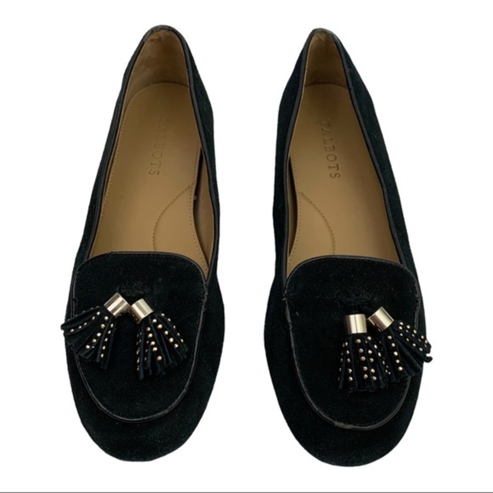 Talbots Black Suede Gold Studded Tassel Loafers Flats Women’s Size 7.5